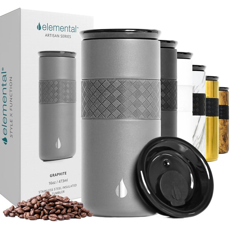 Elemental Artisan Insulated Tumbler, Triple Wall Coffee Travel Mug, Reusable Stainless Steel Coffee Tumbler with Ceramic Lid, Thermal Coffee Cups for Hot (6 Hrs) & Cold (18 Hrs), 16oz - Graphite - Image 1